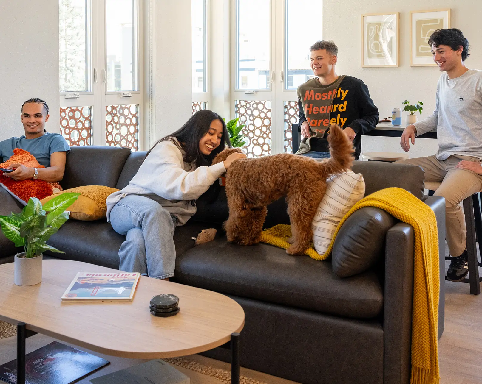 friends petting a dog on a couch