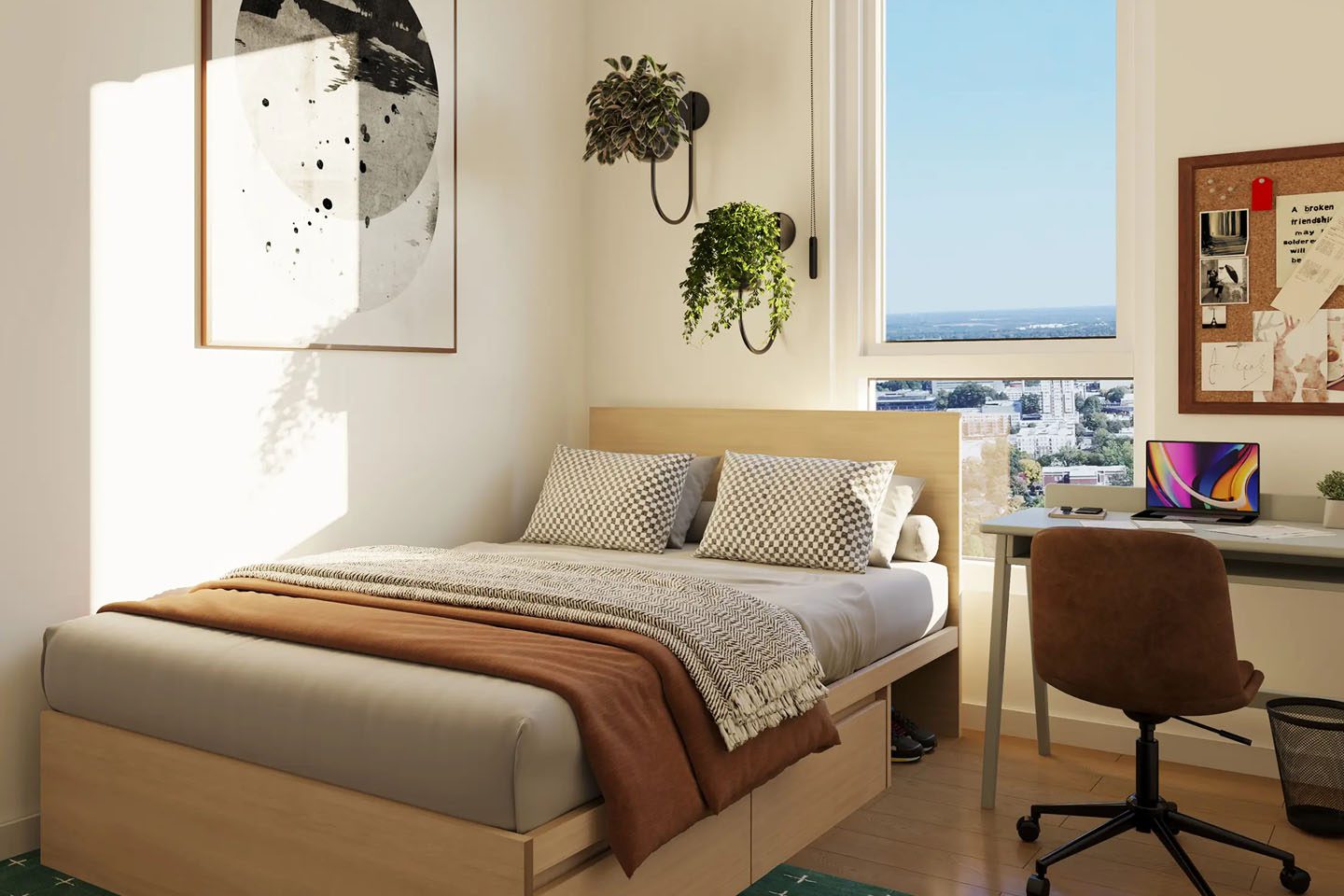 Stylized bedroom with bed, desk, chair, and large window.