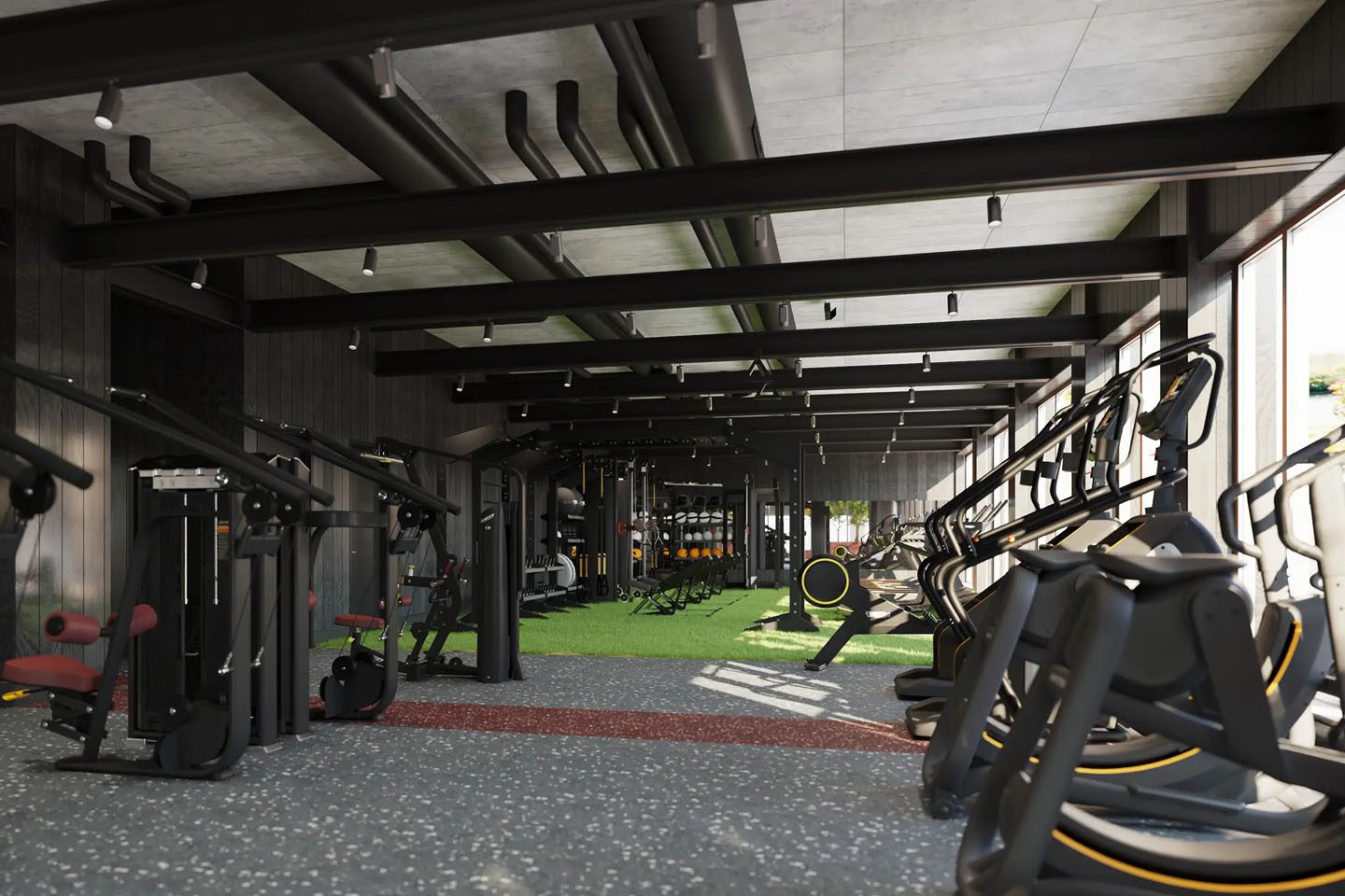 Large fitness center with various cardio and weight equipment.